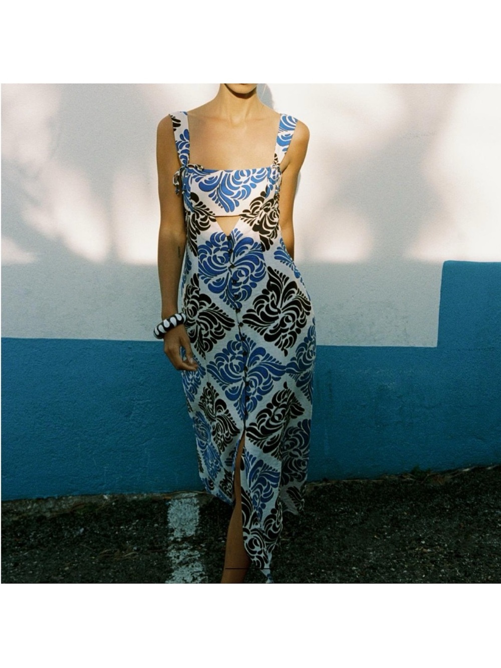Zara Blue & Black Floral Cutout Midi Dress